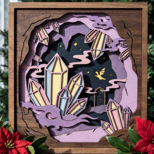 MD428 - Crystal Cave 3D Layered SVG, Crystals Shadow Box Multilayer Laser Cut File, Celestial Dragon Night Sky, Glowforge Cricut, Digital Download