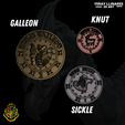 2.png Gringotts Wizarding Bank coins (Galleon, Sickle, and Knut)