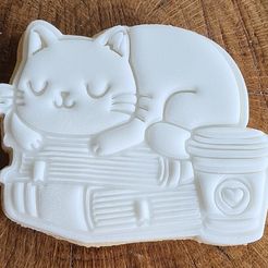 333873435_929007154798074_6470363975429372828_n.jpg STL file Cute Cat with Books and Coffee Cookie Cutter, Stamper, Embosser・3D printable design to download