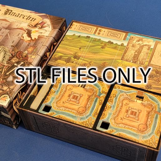 STL-collage-anarchy.jpg Der Anarchy-Brettspieleinsatz / Schachtelorganisator mit einzelnen Spielertabletts
