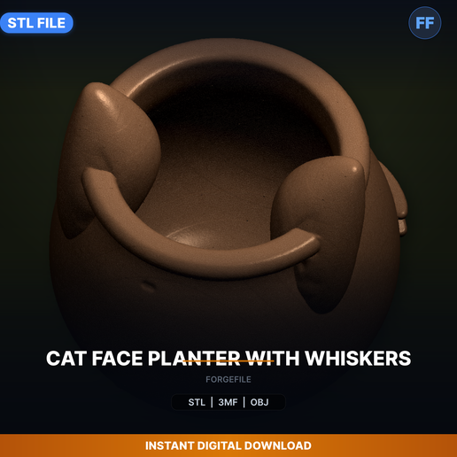 Cat Face Planter With Whiskers - 3D Printable STL File