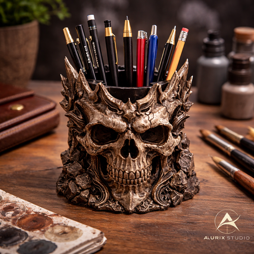 Skull Pen Holder STL – Gothic Fantasy Desk Organizer for 3D Printing