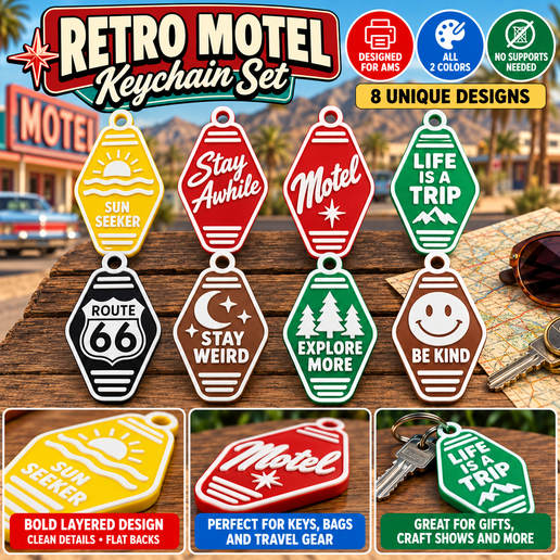 Retro Motel Keychain Set – 8 Vintage Travel & Positive Quote Keychains