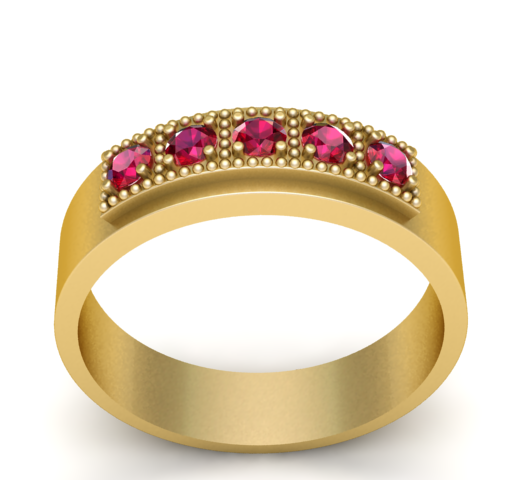 Classic Five-Stone Ruby Wedding Band - 3D Printable Jewelry STL - Beaded Texture Gold Ring