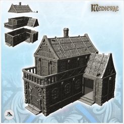 1-PREM.jpg STL file Medieval house with terrace, large door and thatched roof (11) - Medieval Gothic Feudal Old Archaic Saga 28mm 15mm・Template to download and 3D print