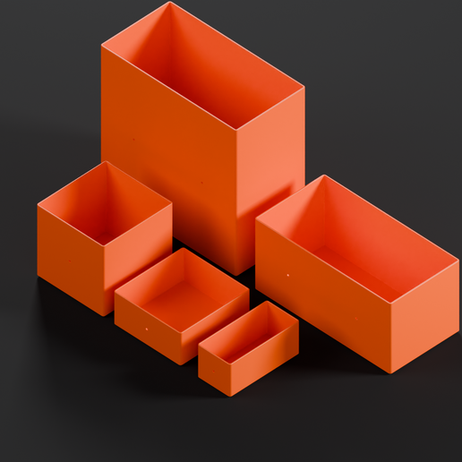 Stackable drawer bins in 5 halving sizes - 48 mm grid, no supports, printable flat
