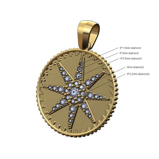 Cluster-Star-8point-Notched-pattern-coin-pendant-00.jpg Pendant diamond 8 point star coin with bail 3D print model