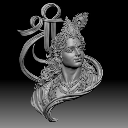 Lord Krishna Bust 3D Sculpture STL | Ornate Crown with Peacock Feather | Hindu God Statue for 3D Printing