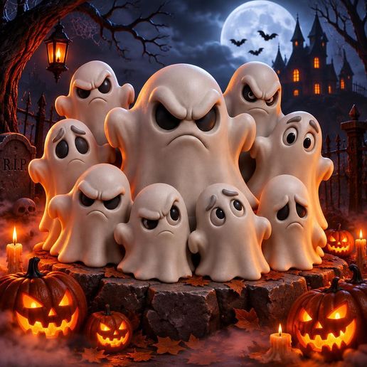 Halloween Ghosts 3D Print – Cute Spooky Ghost Family on Base | Halloween Decoration STL | FDM PLA