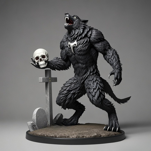 4669  Werewolf with Skull – Minimalist Statue, character, DND, skull, monster, troll, skeleton, fox, minimalist, miniature, figurine, collectible, fantasy, gorgon, decorative, Halloween, serpent, STL, ARTE, 3d models, 3D printing