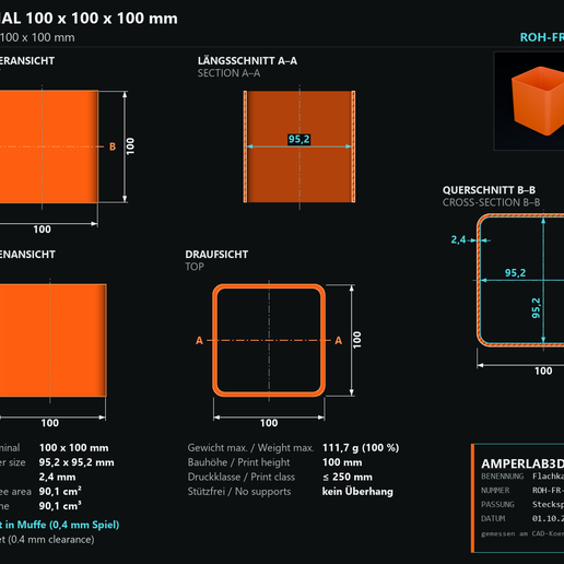 Rechteckkanal 100x100 mm, 100 mm lang – Lüftungskanal, Stutzen beidseitig, ohne Stützen