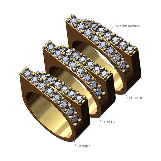 Double overlapping diamond bar fashion ring US sizes 6 7 8 3D print model 3D model