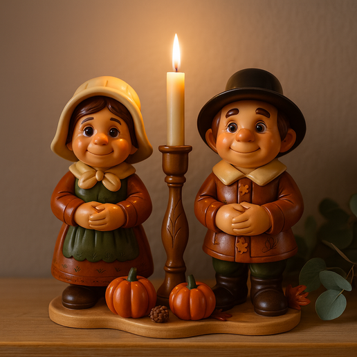 Thanksgiving Pilgrim Couple Candle Holder 3D Model | Fall Home Decor Figurines | STL and OBJ Files for 3D Printing | Harvest Season Table Decoration | Cute Pilgrim Figurine Set for Autumn Display