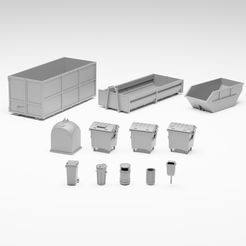 garbage_showcase_1_zoomed_out.jpg 3D-Datei Müllsammelpackung - Set aus 13 Containern und Behältern in der Spur H0・3D-Druck-Idee zum Herunterladen