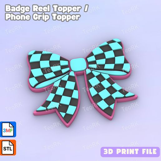 Badge Reel Topper Flat Back Checkered Bow - Phone Grip Topper - 3MF