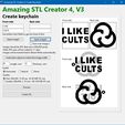 Ce) Amazing STL Creator 4, V3 Create keychain Front side Back side cus — Use bottom text fields to get two lines of text Open image2 [turn over image 2 Images should be JPG, Best size is 600x600 pixels Other JPG sizes wll be scaled to 1: ratio Images will be transformed to Black/White automatically Open image! Scale black object to match the image width Eyelet: @Horizontal © Vertical Quality: @ Fast 300300, 15-60 sec, 30-80 MB STL size © Quality: 600,600, 2-10 min, 100-300 MB STL size ONone Preview Create STL Front side Back side LIK ULT ~~ LLIKE CULTS Back side App to create keychains