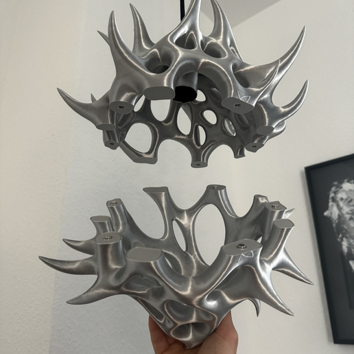 Horned Gothic Pendant Lamp – Biomorphic Silver Lampshade, Biomechanical Ceiling Light photo 4