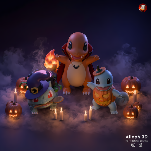 Halloween Kanto Starters Bundle Multicolor – Bulbasaur, Charmander & Squirtle | 3D Printable Collection