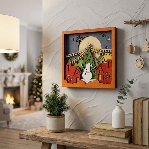 MD518 - Snowman Village SVG, Christmas Snowman Full Moon Laser Cut File, 3D Layered Holiday Shadow Box, Glowforge CNC, Digital Download