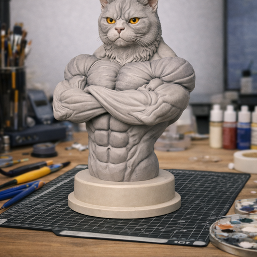 Muscular British Shorthair Cat Bust STL | Bodybuilder Cat Statue for 3D Printing | Fantasy Animal Sculpture