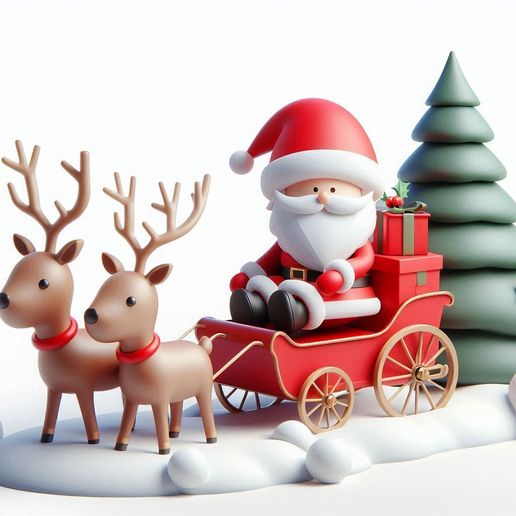 Stylized Santa Sleigh & Reindeer Diorama - Christmas Table Centerpiece