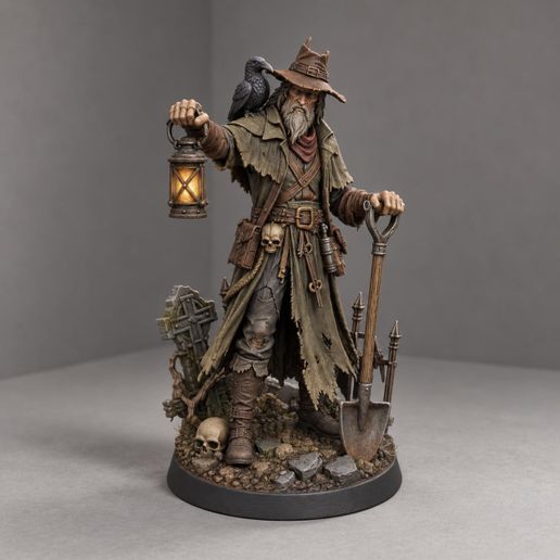 Graveyard Lantern Keeper STL File, Fantasy Caretaker Figure with Lantern and Graveyard Base