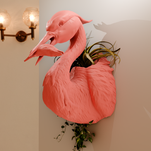 heron head with fish wall mount planter pot flower vase stl - 3D model önizlemesi