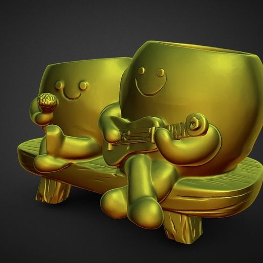 planters on bench playing music