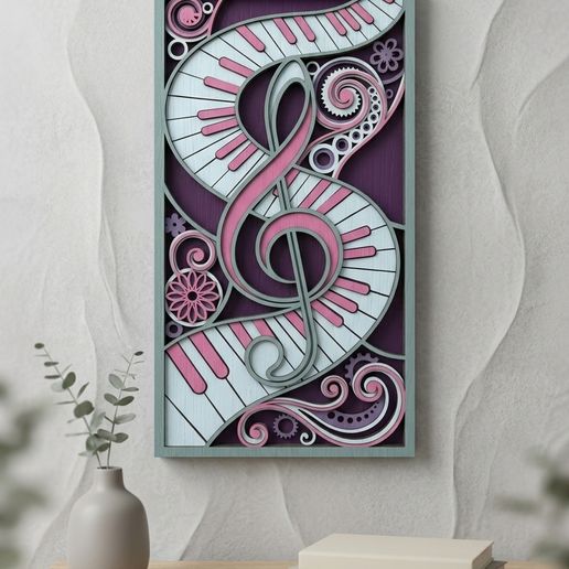 アート・デザイン・音楽 SLY PHOTO and BAND SCORE 🎨 MD533 - Treble Clef Wall Art SVG, Music Notes Piano 3D Layered