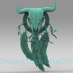 Cow-Skull-With-Feather.png Modèle 3D Fichier STL pour CNC Router Laser & 3D Printer Crâne de vache avec plume