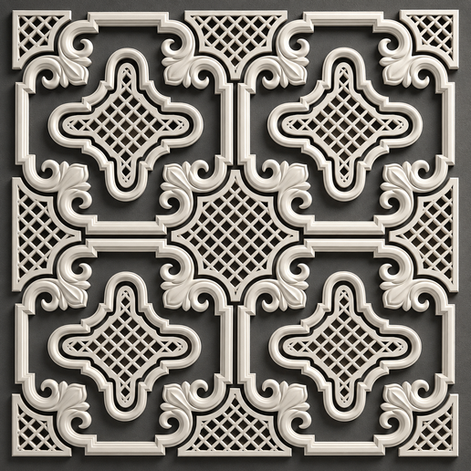 Geometric Lattice and Scrollwork Repeating Panel 3D Ornament - STL for CNC Wood Carving and 3D Printing
