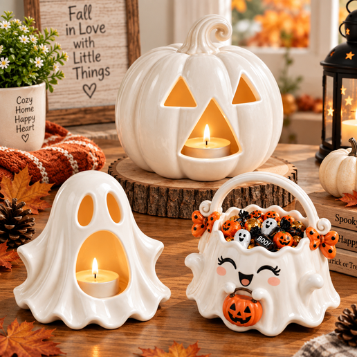 Halloween Tealight Holder STL Bundle, Ghost Lantern, Pumpkin Candle Holder, 3D Printer Files