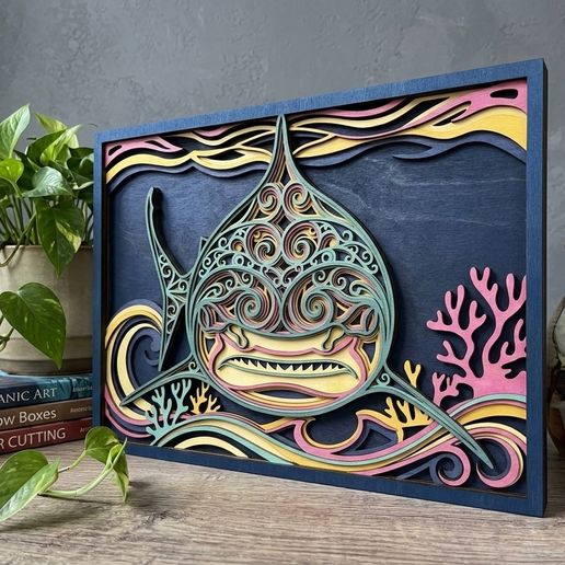 MD559 - Shark Mandala SVG, 3D Layered Shark Laser Cut File, Ocean Coral Shadow Box Wall Art, Nautical Decor, Glowforge CNC, Digital Download