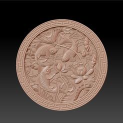 round_fish_and_flowers1.jpg Free STL file fish and lotus flowers・Template to download and 3D print