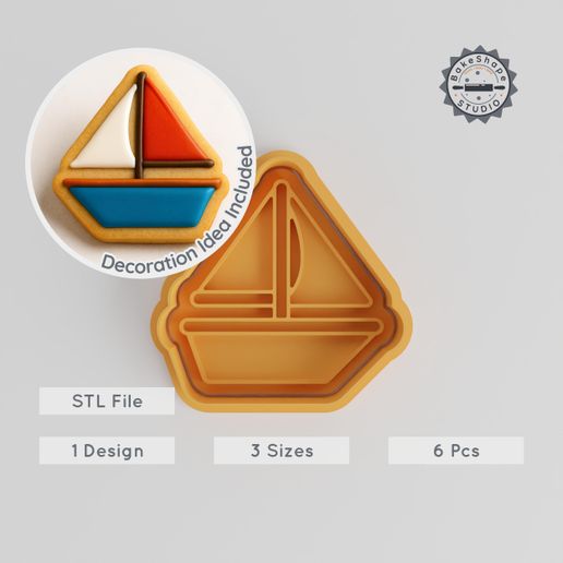 product_1159-01_main.jpg Wind Sail Boat Cookie Cutter & Stamp Set, Nautical and Sailing Theme, 3 Sizes, Fondant & Biscuit Decor