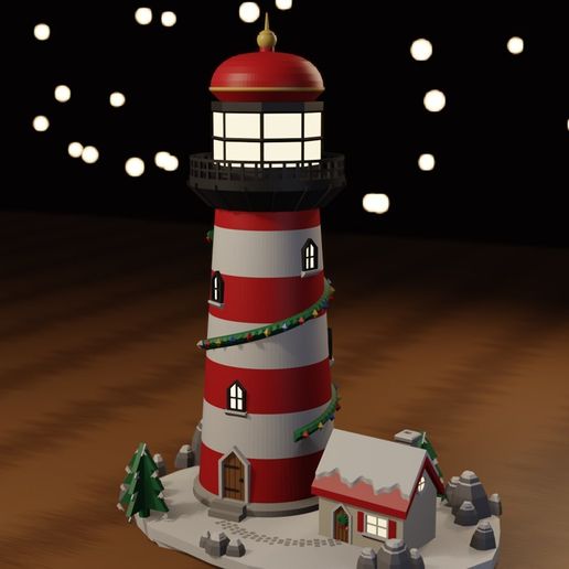 Christmas Lighthouse LED Lamp - 23 cm Red and White Lighthouse with Keeper's Cottage, Multicolour