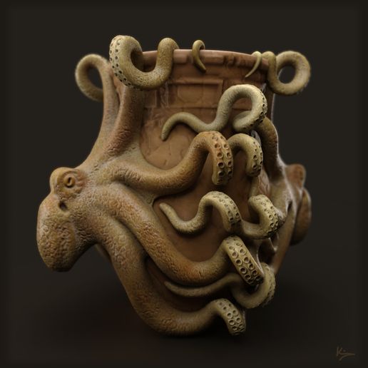 工芸品 Ceramic vase with octopus sculpture 🐙 octopus vase・Free STL File for ・Cults