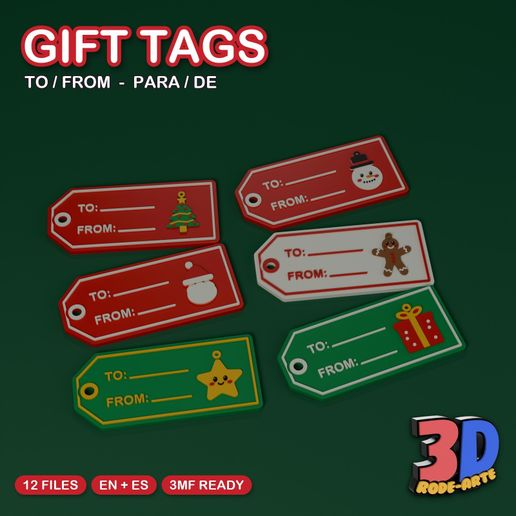 Kawaii Christmas Gift Tags - TO / FROM and PARA / DE, 12 Designs (Multicolor 3MF)