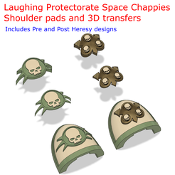 Laughing Protectorate Space Chappies Shoulder pads and 3D transfers Includes Pre and Post Heresy designs C2 @ SP LD 3 Free STL file Laughing Protectorate Space Chappies Shoulder Pads and 3D transfers - Death Guard・3D printing design to download