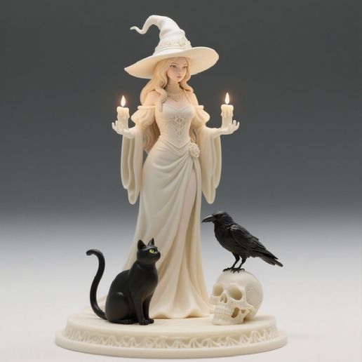 549 Elegant White Witch with Candles, Black Raven, Black Cat and Skull - Full-Body Figurine, statue, magic, creature, dinosaur, sculpture, poodle, bear, troll, monkey, witch, werewolf, dachshund, pug, serpent, dragon, dnd, cat, monster hunter, dog 3D model