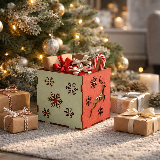 Wooden Reindeer Snowflake Treat Box — Plywood Christmas Candy Box, 3 Sizes — Laser Cut Files