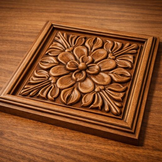 Carved Floral Rosette Panel STL | Square Relief Ornament for CNC & 3D Printing