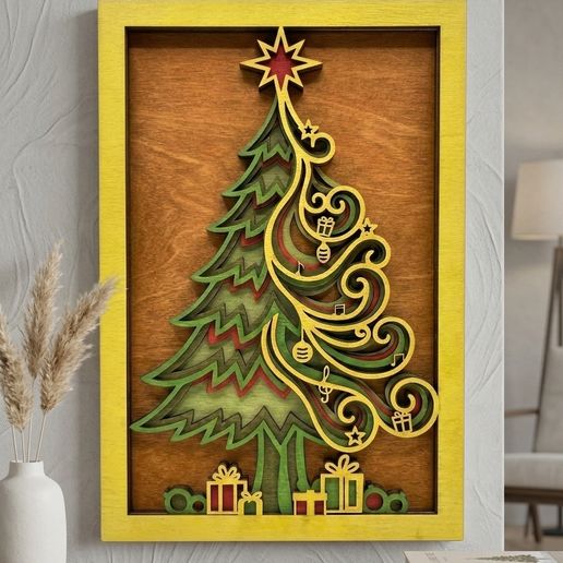MD505 - Christmas Tree SVG Shadow Box, 3D Layered Xmas Tree Laser Cut File, Gold Swirl Ornament Wall Art, Glowforge CNC Multilayer, Digital Download