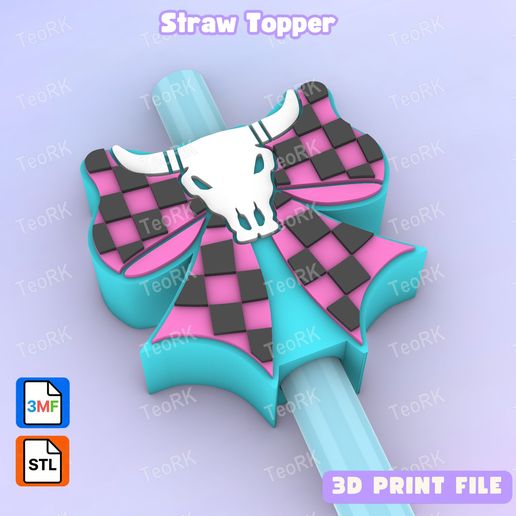 Straw Topper checkered bow with skull embellishment - ​Fits Standard & Stanley Straws - STL 3MF pre-painted