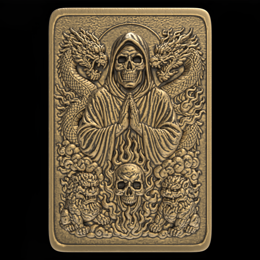 Praying Grim Reaper and Eastern Dragons Gothic Bas Relief