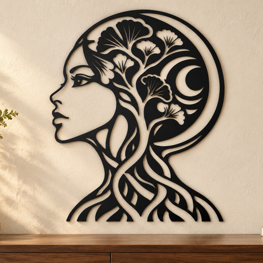 Moon and ginkgo woman wall art, SVG DXF laser cut files and flat STL model