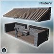 10_eclate.jpg Open-front stone shelter with sloped corrugated metal roof, timber post support, brick interior wall, raised storage platform and bare earth floor for equipment staging (8) - Modern WW2 WW1 World War Diaroma Wargaming RPG Mini Hobby