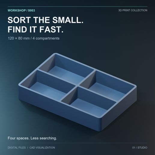 Small Parts Tray — 120x80 mm, 4 Compartments (STL + OpenSCAD)