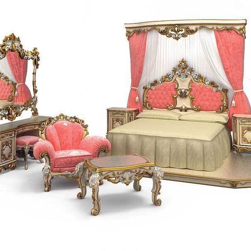 Luxury Royal Baroque Bedroom Furniture Set - Classic Canopy Bed Suite 3D Model STL