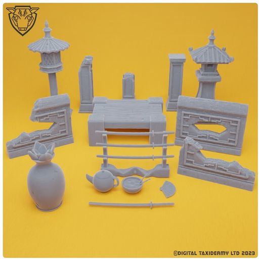 Japanese Scatter Pack 02 STL - Sword Racks, Shrine Ruins & Tea Accessories  Feudal Japanese Shrine & Dojo Props